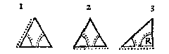 drie driehoeken, bekende hoeken en zijden aangegeven