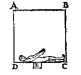 mens, liggend op de bodem van een vierkant vat, kurk in de bodem